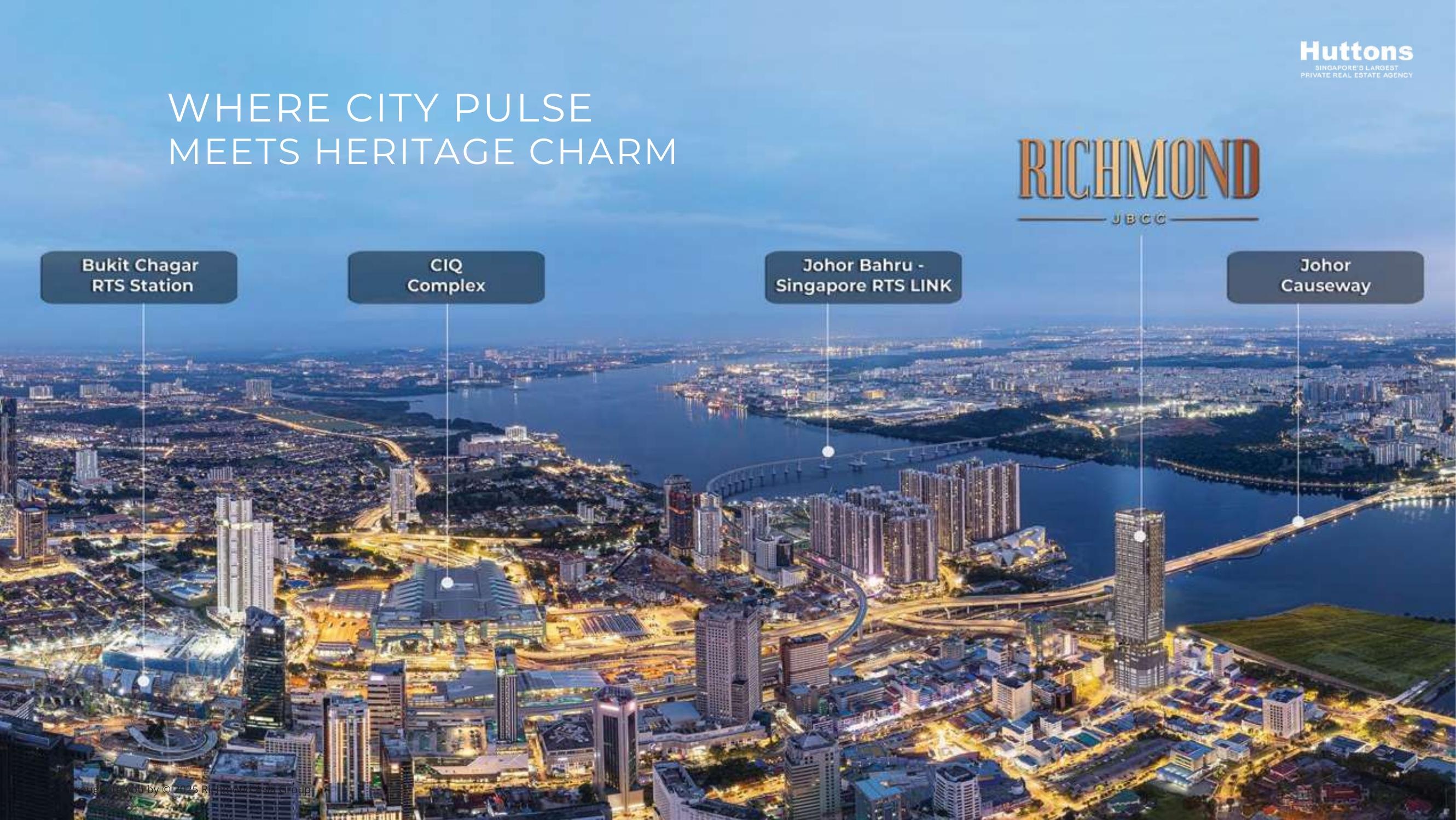 Richmond JBCC — Johor Bahru City Centre Night Aerial with Causeway and Strait of Johor